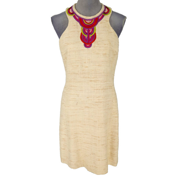 Trina Turk Dress Womens 6 Beige Silk Tweed Embroidered Neckline Racerback Lined - Picture 1 of 16